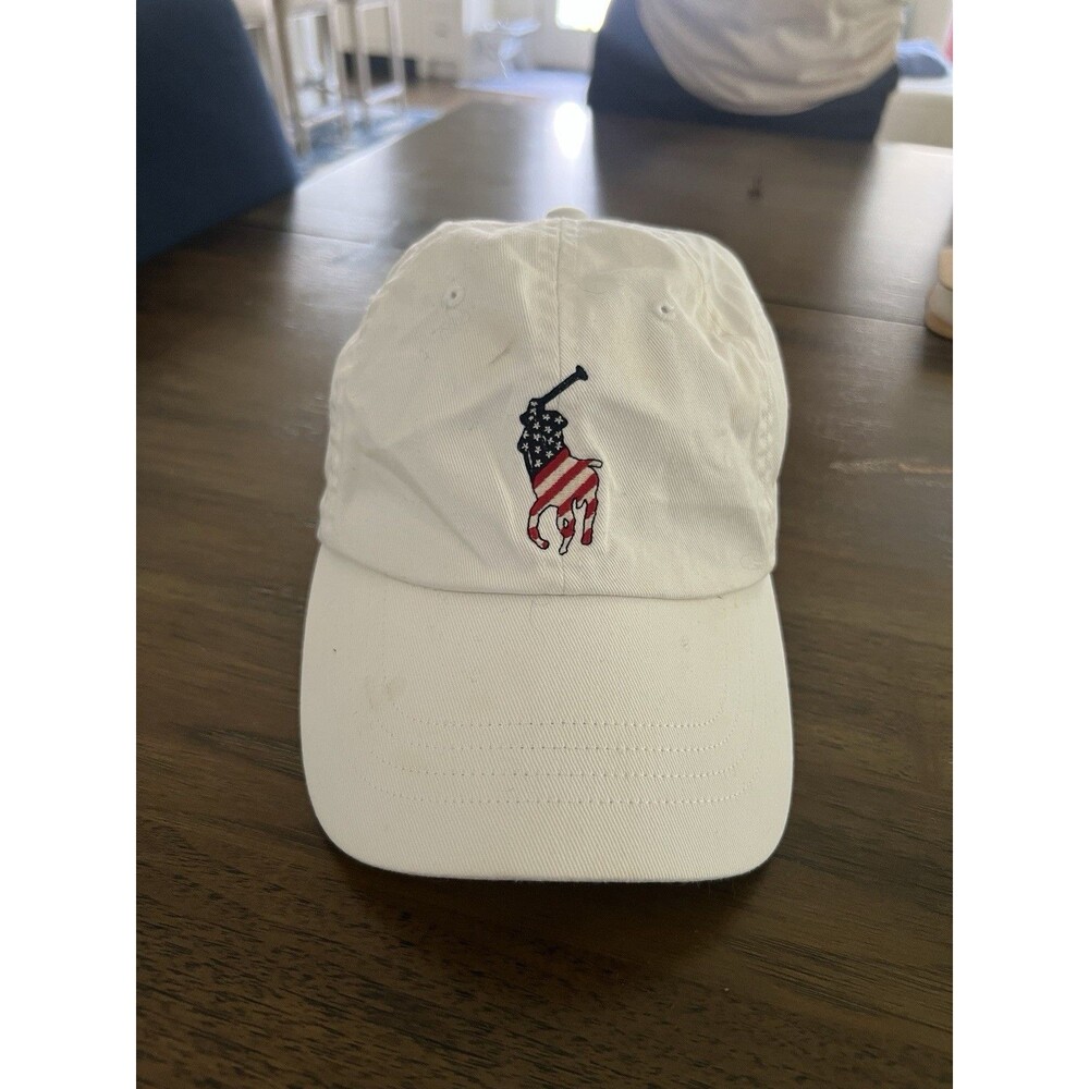 Polo Ralph Lauren USA Flag Pony Logo White Cotton Adjustable Baseball Cap Hat